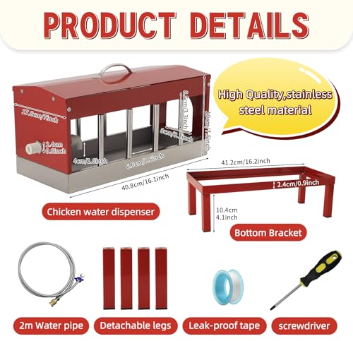 Automatic Chicken Waterer，Stainless Steel Large Chicken Drinker with Float Valve,Multi-Side Drinking Holes and Detachable Legs,Easy Clean Poultry Water Dispenser for Chicken Coop Duck Pigeon,Goose