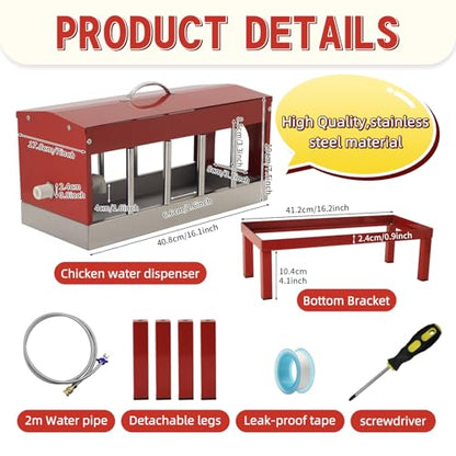 Automatic Chicken Waterer，Stainless Steel Large Chicken Drinker with Float Valve,Multi-Side Drinking Holes and Detachable Legs,Easy Clean Poultry Water Dispenser for Chicken Coop Duck Pigeon,Goose