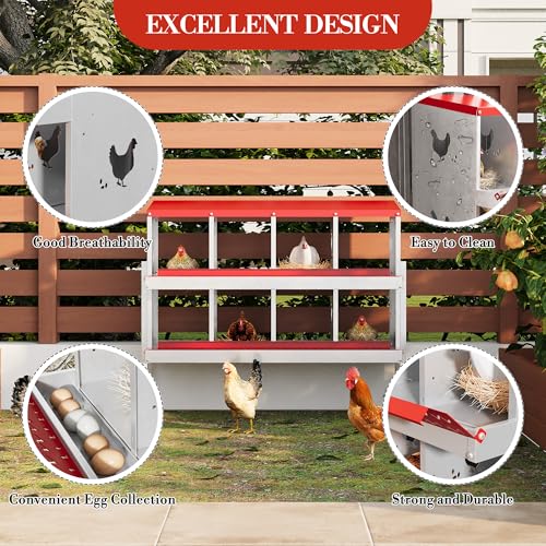 Chicken Nesting Box,8 Compartments Galvanized Steel Metal Chicken Laying Box with Roll Out Egg Collection,Wall Mount Chicken Nesting Boxes,Easy Egg Collection, Hen Roosting Boxes - color: Red, size: 8 Holes with Legs
