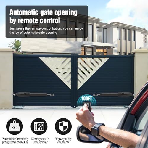 JUJIANG Automatic Gate Opener with Remote Complete Kit for Swing Gate Up to 770lb 16FT per Arm, Electric Gate Opener Medium Duty Dual Swing Gate Opener Automatic Gate Motor 60W AC Powered PKM-C026 - size: 770lb Dual Gate Opener