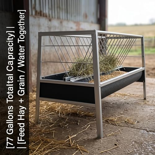 Heavy Duty Goat Feeder, 77 Gallon Stainless Steel Livestock Feeder, Anti-Waste Hay Feeder with Rubber Trough, 33.4 Inch Height for Goats, Calves, Sheep, Use in Barn, Pasture, Pigsty