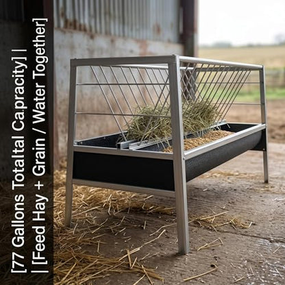 Heavy Duty Goat Feeder, 77 Gallon Stainless Steel Livestock Feeder, Anti-Waste Hay Feeder with Rubber Trough, 33.4 Inch Height for Goats, Calves, Sheep, Use in Barn, Pasture, Pigsty