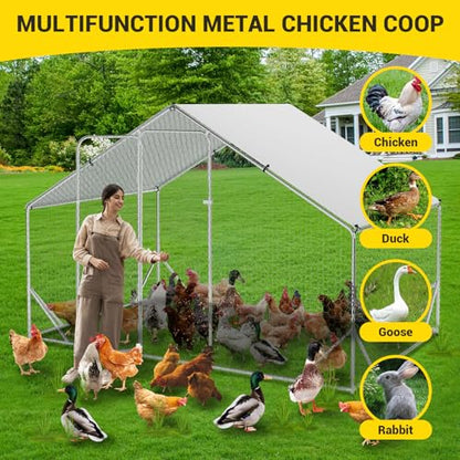 9.8' x 6.5' x 6.5' Chicken Coop Run, Galvanized Steel Chicken Pen with Anti-Ultraviolet Waterproof Cover, Spire-Roof Walk-in Poultry Cage, Metal Chicken Coop for Outdoor Farm Use - size: 9.8' W x 6.5' D x 6.5' H