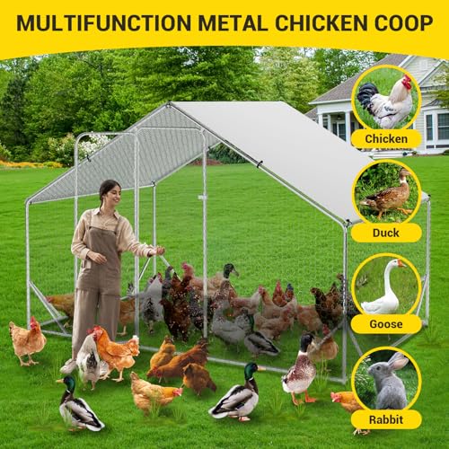 Garvee Large Chicken Coop, Metal Chicken Coop with Anti-UV & Waterproof Cover, Spire Roof Walk in Poultry Cage, for Backyard and Farm Use, 9.8 ft x 6.5 ft x 6.5 ft