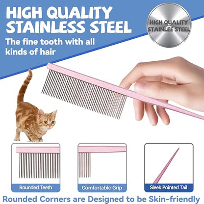 Grooming Pet Comb Rat Tail Dematting Cat and Dog Comb，Rounded Ends Design for Safe Tangle Removal, Hairstyling, Massage，Loose Hair Removal，Prevent Irritation，Fluffing Paws,Face,Tail,Remove Tear Stain - color: Pink