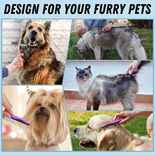 Docrok Pet Grooming Brush and Metal Comb Combo - Undercoat Rake for Dematting and Deshedding Long Matted Haired Dogs and Cats, Purple - color: Purple