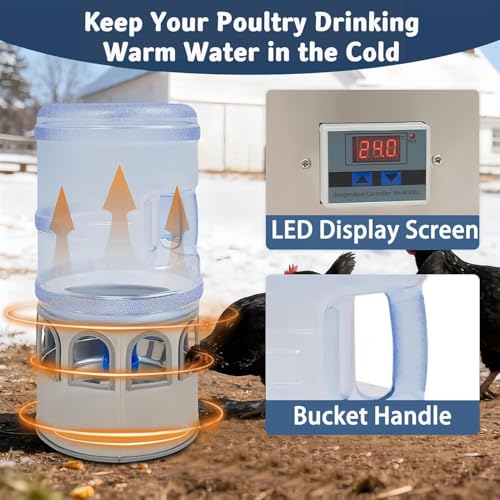 5 Gallon/18.9L Chicken Waterer for Winter, 110V 80W Heated Chicken Waterer, Temp Controlling (0-50℃) & LED Display for Chickens, Ducks, Geese and Chicken Coop with 9.84ft Power Cord
