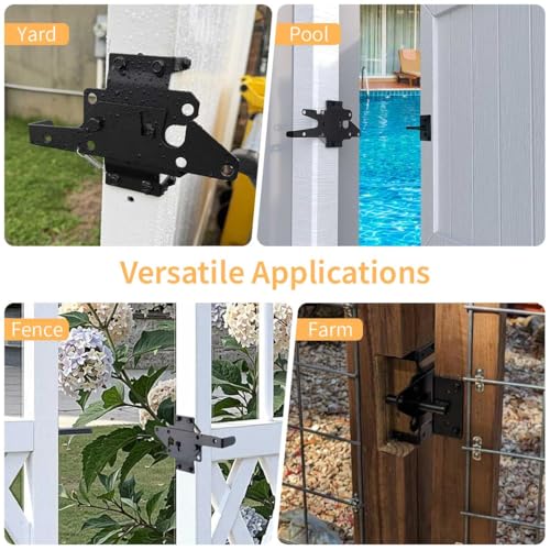 Heavy Duty Gate Latch for Wooden Fence, Black Post Mount Automatic Gravity Lock, Self-Locking Gate Latch for Wooden/Vinyl Fence, Pool, Garden & Outdoor Gates