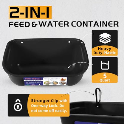 Goovilla Chicken Feeder Waterer, Hanging or Screw-in Fence Feeders with Clips, 2 Pack 5 Quart Goat Feeding Supplies, Duck Piglet Sheeple Coop Dog Livestock Poultry Plastic Feeder Trough Bucket, Black - color: Black, size: 5 Quart