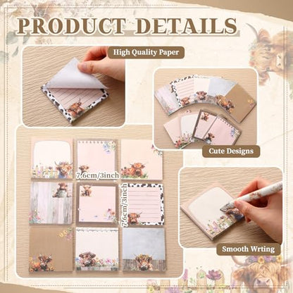 18 Pcs Highland Cow Desk Accessories, 9 Pads Cute Sticky Notes, 9 Kawaii Pens, 3 x 3 Inches Notepads Memo Pad for Office Supplies Meeting Students School Decor Teacher Gifts - style: Highland Cow