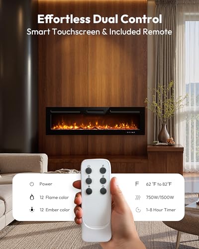 EUHOMY 60 Inch Electric Fireplace Recessed Wall Mounted with Remote Control, Fireplace Heater with Adjustable Flame Color, Linear Fireplace with Timer, Log & Crystal, 750/1500W (2026 Upgrade) - size: Upgrade 60 Inch
