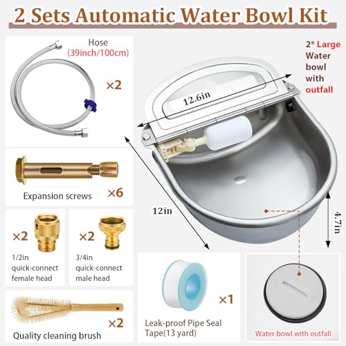 Tessco for you 2 Pack 1.2 Gallon Automatic Horse Water Bowl Large, Stainless Steel Dog Waterer Dispenser with Float Valve, Automatic Animal Waterer for Dog Chicken Pig Cattle Goat Farm, 4.5l/152 oz