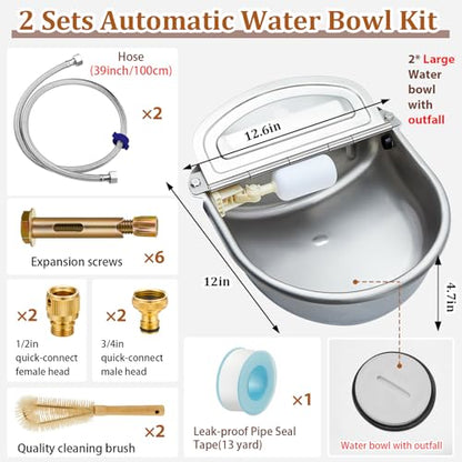 Tessco for you 2 Pack 1.2 Gallon Automatic Horse Water Bowl Large, Stainless Steel Dog Waterer Dispenser with Float Valve, Automatic Animal Waterer for Dog Chicken Pig Cattle Goat Farm, 4.5l/152 oz
