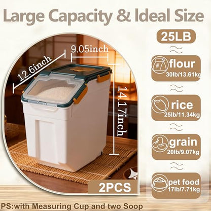 RUIAN 2Pcs Large Flour Storage Container Bin 25Lb Airtight Rice Storage Containers with Wheels Seal Locking Lid, BPA Free with Measuring Cup&Scoop for Flour, Rice, Grain(Blue) - color: Blue 2Pack 25Lb