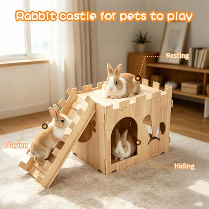 BWOGUE Extra Large Wooden Rabbit Castle Bunny House and Hideouts Detachable Small Animal Play Hideaway Hut for Indoor Adult Rabbit Guinea Pig Chinchilla Habitat - style: Modern