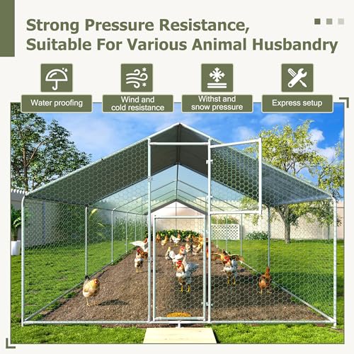 Large Metal Chicken Coop,19.7x9.8x6.4 FT Chicken Run for Yard with Waterproof & Anti-UV Cover,Walk in Chicken Pen with Feeding Door (39.4 * 9.8 * 6.4 ft) - size: 39.4*9.8*6.4 ft