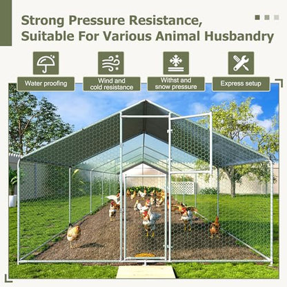 Large Metal Chicken Coop,19.7x9.8x6.4 FT Chicken Run for Yard with Waterproof & Anti-UV Cover,Walk in Chicken Pen with Feeding Door (39.4 * 9.8 * 6.4 ft) - size: 39.4*9.8*6.4 ft
