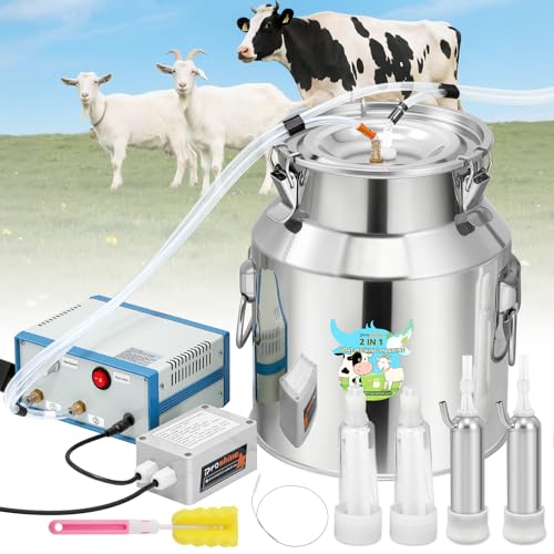 Upgraded 2 in 1 Goat Milking Machine 14L, 304 Stainless Steel Bucket, with 4 Teat Cups for Goat & Cow, Continuously Adjustable Pulsation Vacuum Milker - size: 14L