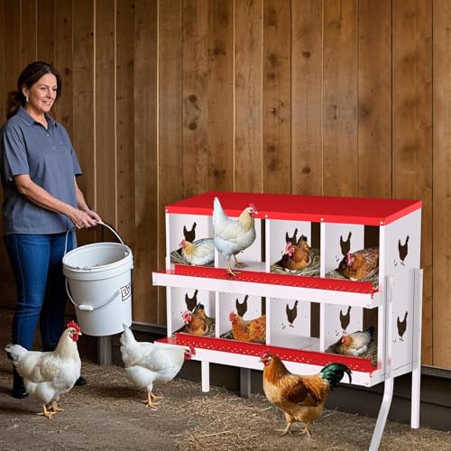 Chicken Nesting Box, 8 Holes Steel Chicken Nesting Boxes with Bracket Legs for Chicken Coop, Large Vented Holes Chicken Laying Boxes with Rollout Egg Collection, Easy Cleaning - color: Red, size: 8 Holes with Legs