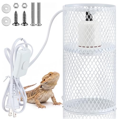 VIHOSE 1 Pcs Reptile Heat Lamp Guard with 150W Ceramic Heat Emitter Basking Anti Scald Heating Lamp Holder Mesh Cage Reptile Protection Lampshade for Lizard Snake Without Bulb (4 Inch,White,White) - color: White, White