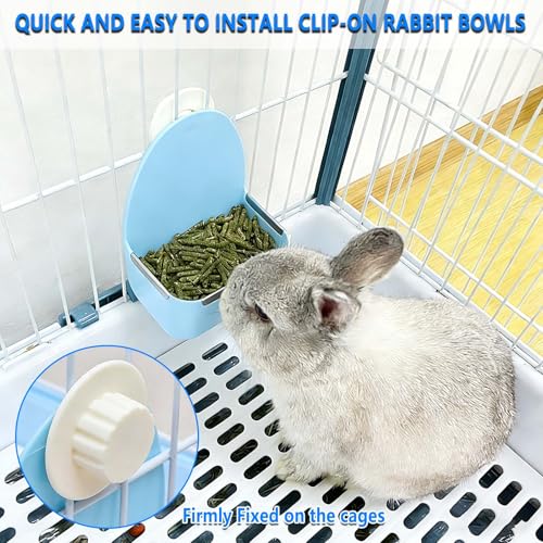 kathson Food and Water Bowl Cage Feeder for Rabbits Dish Feeder Removable Hanging Spill Proof Anti Bite for Rabbit, Guinea Pig, Chinchilla, Hamster, Ferret (Blue)