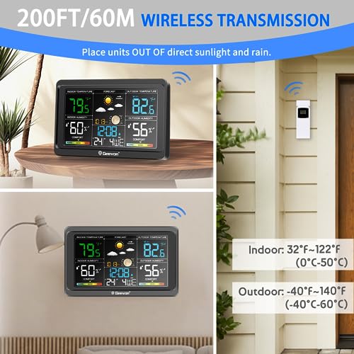 Geevon Weather Stations Wireless Indoor Outdoor Thermometer, Color VA Display Digital Weather Thermometer, Temperature Humidity Monitor with Barometer, Calendar, and Adjustable Backlight