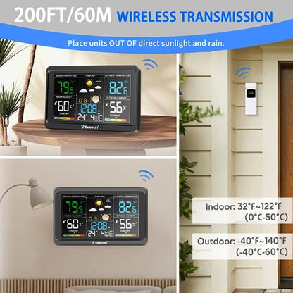 Geevon Weather Stations Wireless Indoor Outdoor Thermometer, Color VA Display Digital Weather Thermometer, Temperature Humidity Monitor with Barometer, Calendar, and Adjustable Backlight