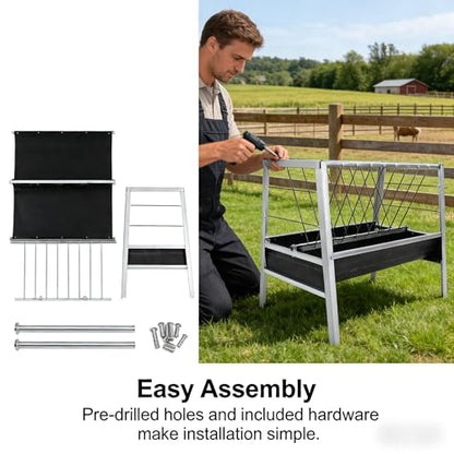 2-in-1 Livestock Feed Trough for Goats,Sheep,Sheds, 40''Large Capacity Hay and Grain Feeder, Heavy Duty Galvanized Steel, Anti-Tip Floor Standing Feeder for Farm Use