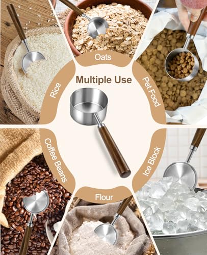 Stainless Steel Dog Food Scoop, Dog Food Measuring Cup With Measuring Lines (Cup/ML) & Long Wooden Handle, Metal Pet Food Scoop For Dogs, Cats and Kitchen Use, Dishwasher Safe (1/4 CUP) - size: 1/4 CUP