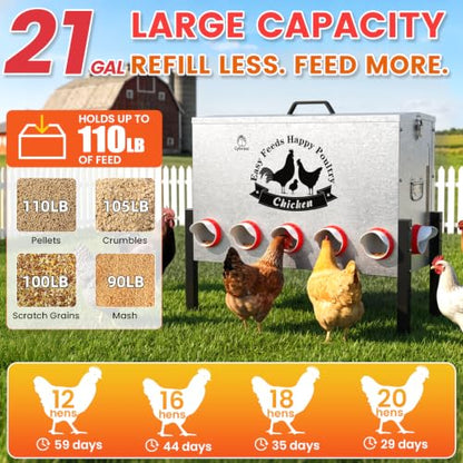 21Gal Large Automatic Chicken Feeder - 12 Port No Waste Poultry Feeder, Rust-Proof Alloy Steel with Locking Lid & Adjustable Legs for Chickens, Ducks, Geese, Poultry - size: 21GAL-110LB