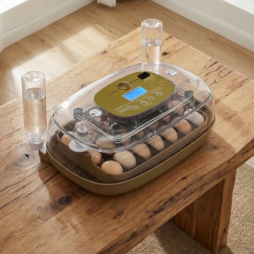 24 Egg Incubator with Automatic Egg Turning, 110V Digital Poultry Hatcher with LED Egg Candler, Temperature & Humidity Control, Auto Water Adding, for Chickens Ducks Quails, Khaki & Transparent