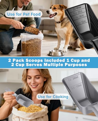 2-Pack Dog Food Scoop Set,1 Cup and 2 Cup Plastic Pet Food Measuring Scoops with Clear Measurement Lines,Multi-Purpose Pet Food Scooper for Dogs, Cats (Grey and Black) - color: Grey and Black