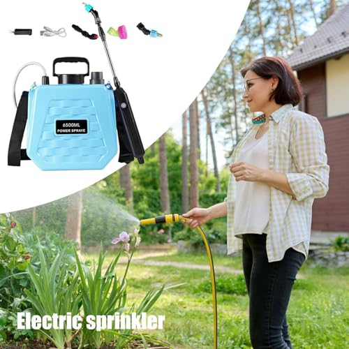 Garden Sprayer Battery Powered - Mister Watering Rechargeable - Electric Pump Sprayer with Adjustable Shoulder Strap | for Farm Lawn Yard Backyard Agriculture Plant Outdoor Home - color: 6.5L sky blue