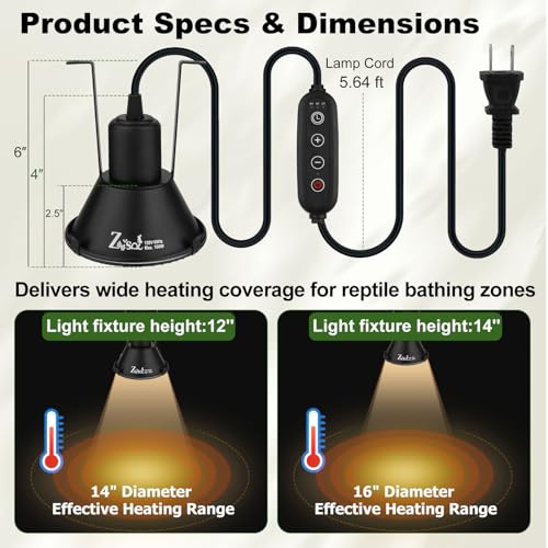 5-in-1 Reptile Heat Lamp Fixture Anti-Scald Guard 4.7 Inch Hanging Dome Light Fixture with Timer & 2 Pack 50W Halogen Basking Bulb for Bearded Dragon, Gecko, Turtle, Chameleon