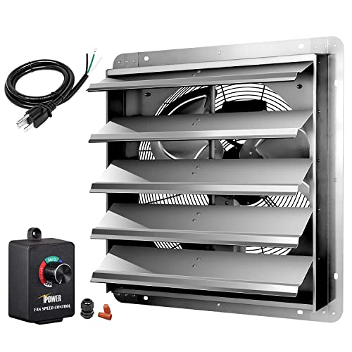 iPower 20 Inch Wall Mounted Shutter Exhaust Fan with Speed Controller and Power Cord Kit, Aluminum, 1200 RPM, 3368 CFM, for Attic, Garage, Louvered Vent, Plant, Greenhouse, Silver - size: 20 Inch, style: Speed Controller Exhaust Fan(with Power Cord)
