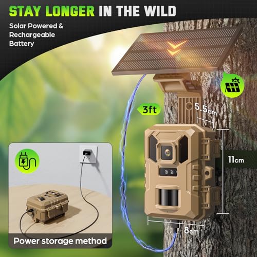 WiFi Trail Camera, 4K 64MP Game Cameras with Night Vision Motion Activated Waterproof IP66, 0.1s Trigger Trail cam with 32GB SD Card, Wildlife Camera with Built-in Battery Solar Panel