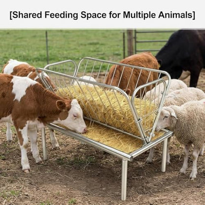 Large Capacity Heavy Duty Hay Feeder, Galvanized Steel Livestock Feeder with 2 in 1 Grain Feeding Pan, Durable Goat Feeder for Horses, Sheep, Cows and Homestead Pasture Feeding