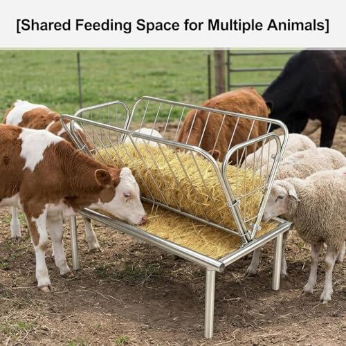 Heavy Duty Hay Feeder for Goats and Horses, 4 FT Galvanized Steel Livestock Feeder with Deep Grain Feeding Pan, Durable Outdoor Pasture Hay Rack for Sheep, Cows and Farm Homestead