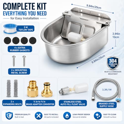 FHTONGE 304 Stainless Steel Automatic Dog Water Bowl Dispenser with Drainage and Float Valves, Large Auto Fill Dog Waterer for Outdoor Big Dog Livestock Poultry Horse Cow Goat Pig Chicken Duck Rabbit