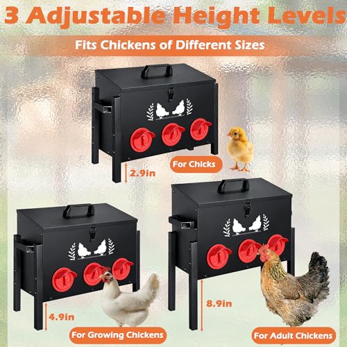 30 LB Large Automatic Chicken Feeder, No Waste Metal Poultry Feeder with 8 Ports, Weatherproof Outdoor Dispenser with Adjustable Legs & Locking Lid for Backyard Chickens, Black