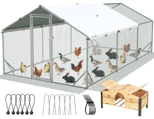 Quictent Large Metal Chicken Coop Run for 30+ Poultry with Beige Nest Box, Side Hardware Cloth & Cover, Advanced Series Outdoor Walk-in Cage Hen Duck Rabbit Dog Pen Yard Farm House, 18x9x6.6FT - color: Beige, size: 214.5"L x 107.3"W x 78.0"H