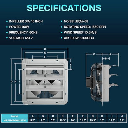 iPower 16 Inch Wall Mounted Shutter Exhaust Fan, Aluminum, 1550 RPM, 1200 CFM, for Attic, Garage, Louvered Vent, Plant, Greenhouse, Silver - size: 16 Inch, style: Exhaust Fan