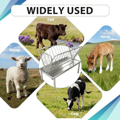 Outdoor 4 Ft Livestock Feeder, Heavy Duty Galvanized Steel Hay Feeder, Hay and Grain 2 in 1 Pasture Feeder with 6-Inch-Deep Feed Pan for Horse, Calf, Sheep, Cow for Farms, 47 x 23 x38in