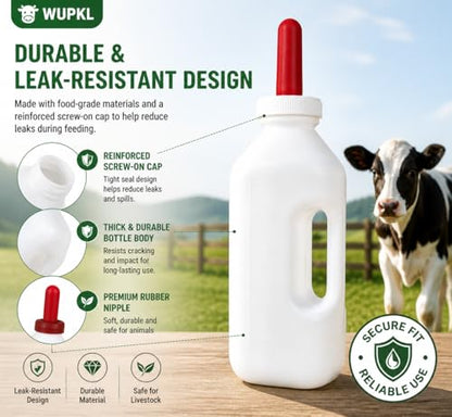 Screw Nipple Calf Feeding Bottle 2 Quart – Leak-Proof Milk Feeder with Ergonomic Handle, Easy Clean, Includes 5 Nipples, Farm & Ranch Feeding Set (One-Piece Bottle, 2 Pack)