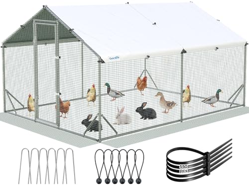 Quictent Large Metal Chicken Coop Run for 20+ Poultry with Side Hardware Cloth & Waterproof Cover, Advanced Series Outdoor Walk-in Cage Hen Duck Rabbit Dog Pen Yard Farm House, 12x9x6.6FT - color: White, size: 142.4"L x 107.3"W x 78.0"H