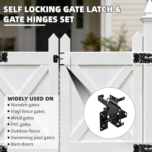 Heavy Duty Self Closing Gate Hinge and Latch Kit for Wooden/Vinyl Fence Gate Rust Proof Gate Hardware Kit 4 Adjustable Self Closing Hinges & 2 Post Mount Self Locking Gate Latch (Black)