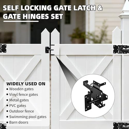 Heavy Duty Self Closing Gate Hinge and Latch Kit for Wooden/Vinyl Fence Gate Rust Proof Gate Hardware Kit 4 Adjustable Self Closing Hinges & 2 Post Mount Self Locking Gate Latch (Black)