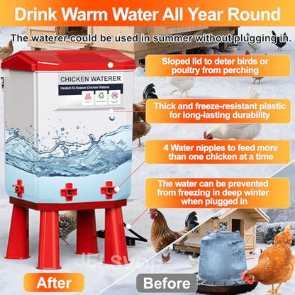 Heated Chicken Waterer, 7L Chicken Water Heater Bucket for Winter with 4 Nipple Drinkers, Anti-Freezing, Winter and Summer Dual-use, Automatic Heated Poultry Drinker for Coop (Red) - size: 1.9 Gallon
