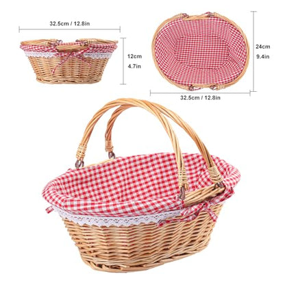 2 Pack 12.6 Inch Natural Wicker Basket with Checkered Lining, Oval Wicker Woven Basket with Handle, Willow Woven Picnic Baskets for Picnic, Camping, Party(Small) - size: 2 Pack 12.6in Natural(Round willow)