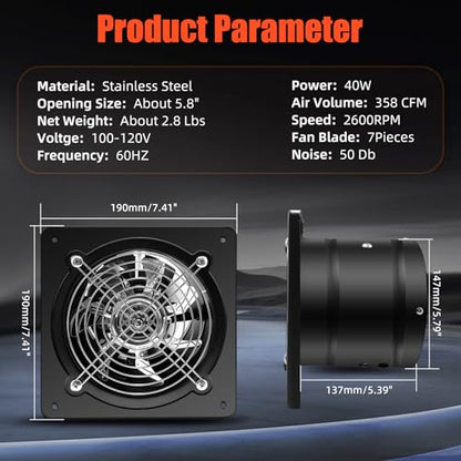 6 Inch Exhaust Fan with Speed Controller, 358CFM Wall Mount Exhaust Fan for Kitchen, Metal Ventilation Extractor Fan with Damper for Bathroom, Garage, Attic, Shop, Pet Room, Smoking Room, Basement - size: 6 Inch